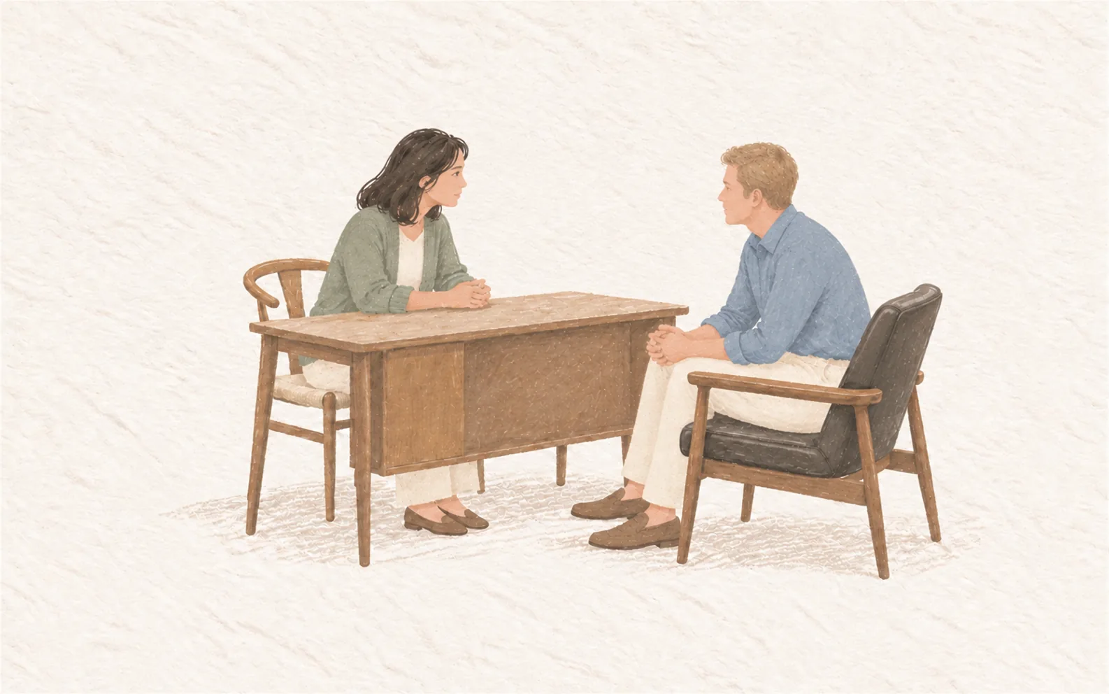 Illustration of a psychoanalyst listening to a patient across a desk