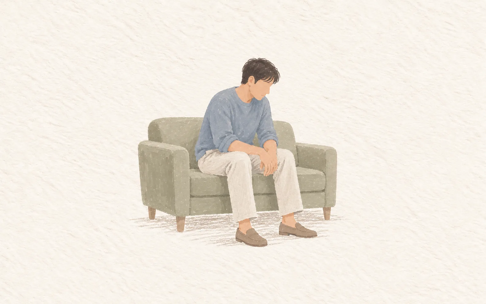 소파에 앉아 고개를 숙인 남성을 그린 일러스트